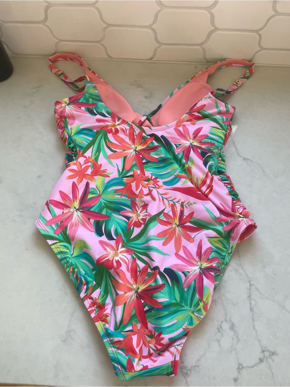 Tropical Pink Floral One-Piece Swimsuit with Ruching - Sz 10 - Picture 4 of 9